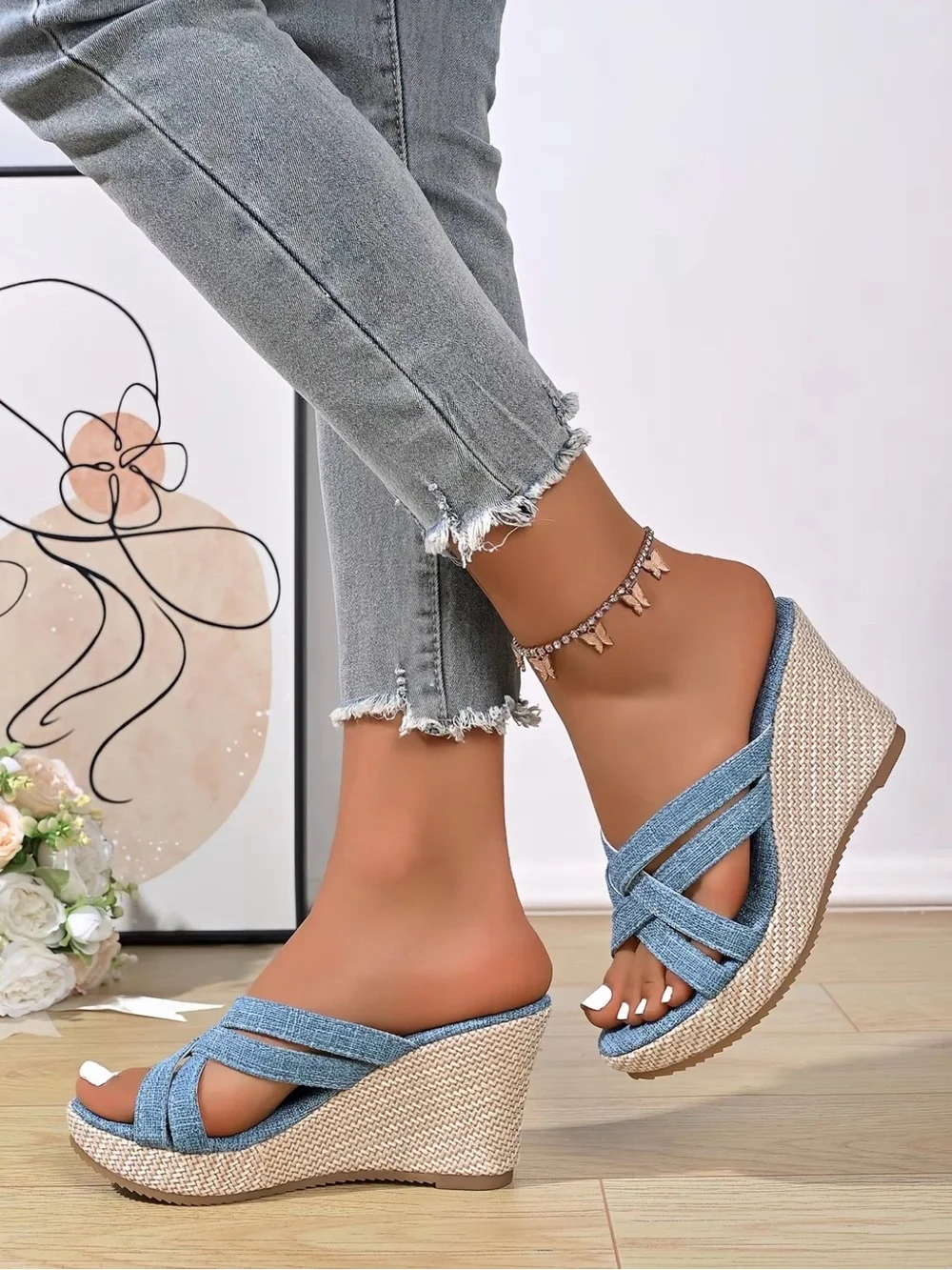 Denim Blue Crisscross Wedge Sandals for Women
